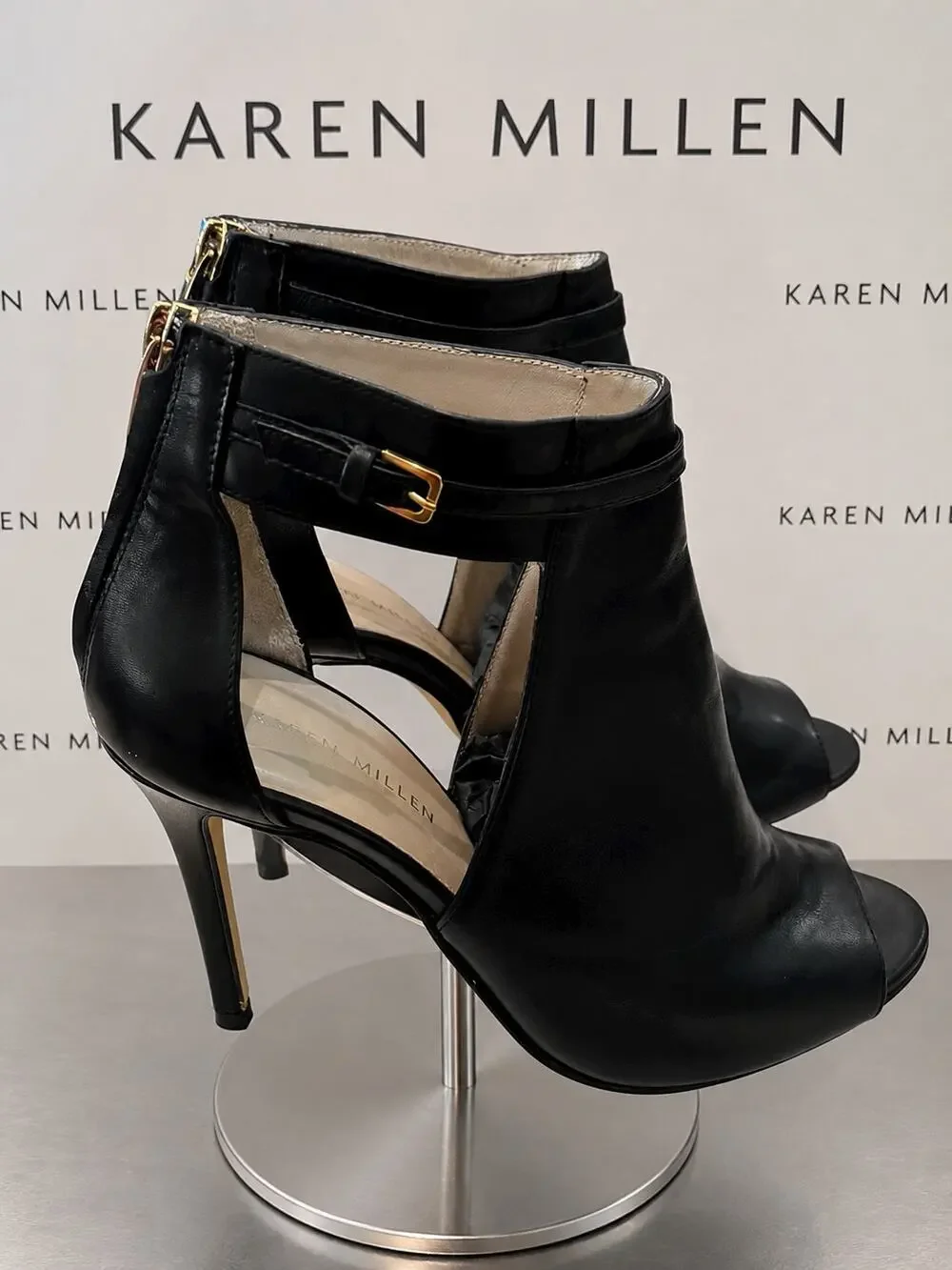 Karen Millen Black Leather Peep Toe Cutout Stiletto Booties EU 37 US 6